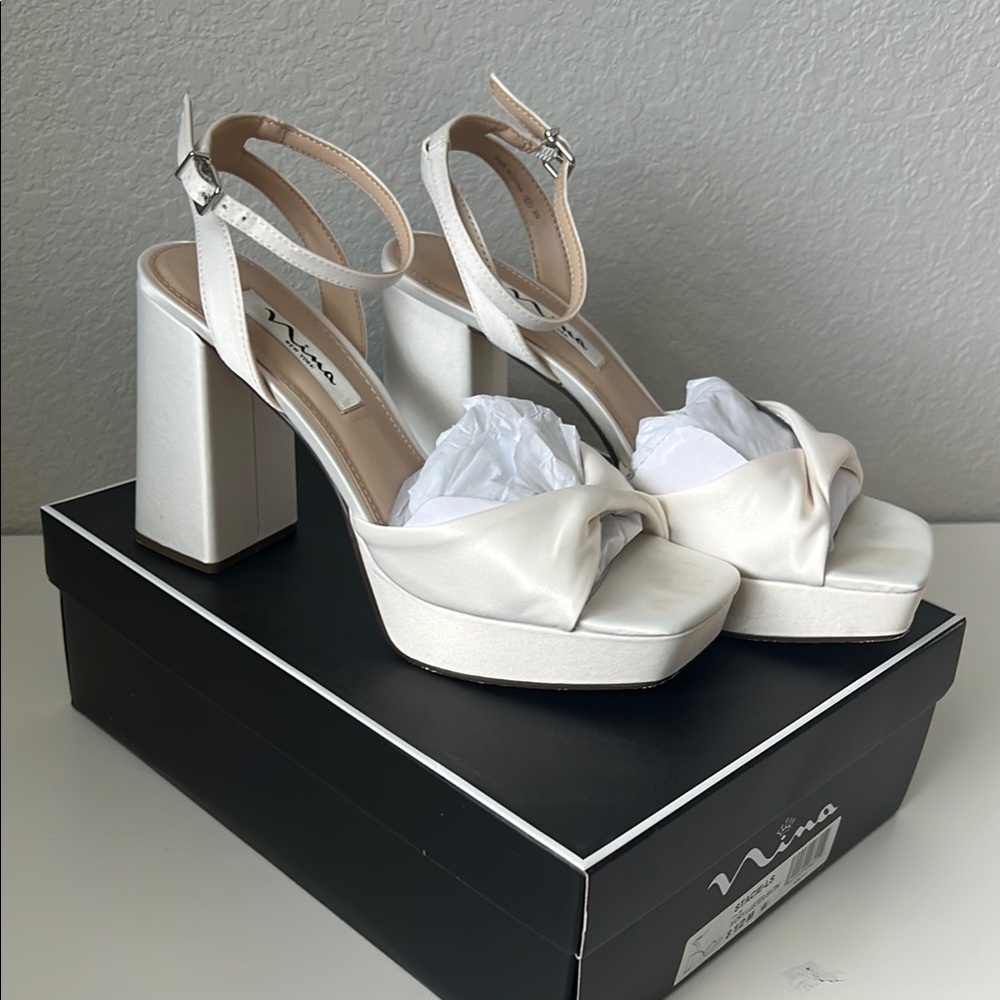 Nina Women's Ivory Satin Block Heels
